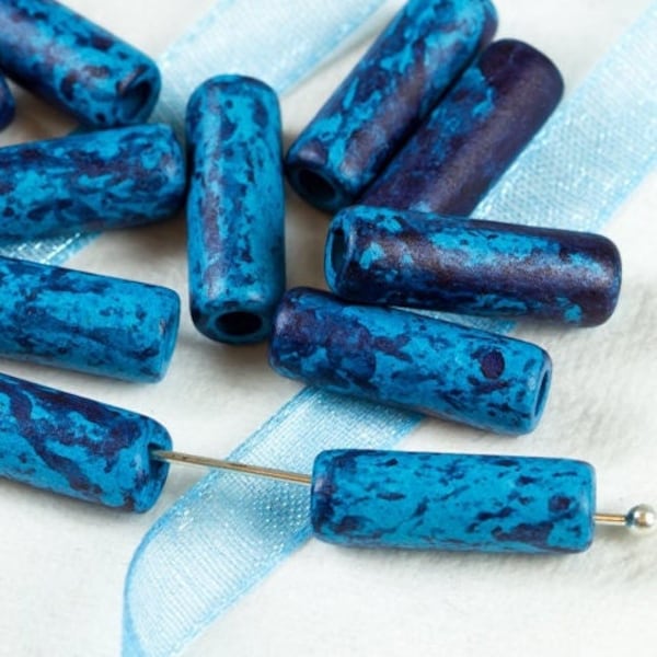 17x6mm Mykonos Ceramic Long Tube Beads, Dark Aegean Blue Turquoise, 3 or 6 pcs