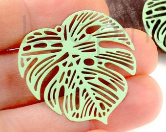 10%OFF Filigree Monstera Leaf Charms, Spring green Large Laser Cut geometric Connector, thin light Earring Charm Metal Pendant 32mm pick qty