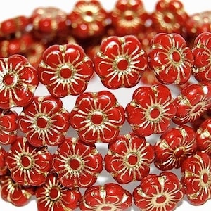 Cuentas de vidrio con forma de flor de 13 mm, vidrio checo prensado de primera calidad, rojo con baño dorado, para hacer joyas, 6 piezas