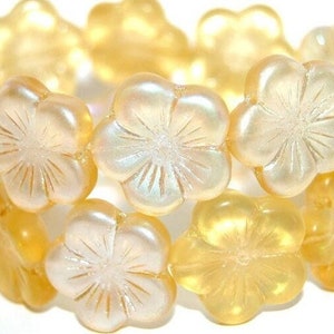 20mm Czech Glass Pansy Flower Beads, Premium pressed glass, double sided, matte soft Yellow with Aurora Borealis, for jewelry making, 4pcs