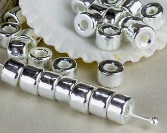 Mykonos Silver Beads, Ceramic 6X4mm mini Tube, WHOLESALE barrel spacer bead, Silver Plated Jewelry making - Pick qty