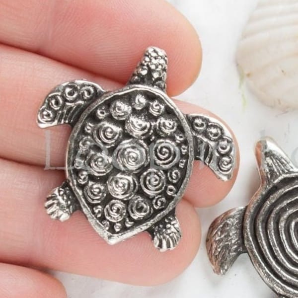 10%OFF, Mykonos turtle pendant, Spiral sea turtle, Double sided, Silver Antique plated, Nautical, Greek casting beads, 30mm - 1pc