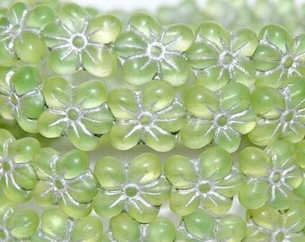 Cuentas de flores de violeta silvestre de vidrio checo de 14 mm, verde té con baño de plata, vidrio prensado de primera calidad, para hacer joyas, 6 piezas