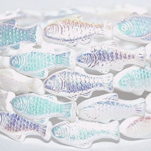 Glass Fish beads, 1 inch Crystal clear milky white Aurora Borealis, Czech glass beads, iridescent mix, beach jewelry making