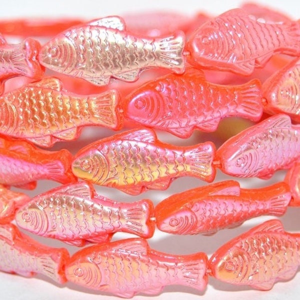 Glass Fish beads, 1 inch Czech glass beads, metallic pink iridescent Mix, beach jewelry making, double sided, 25mm, pick qty