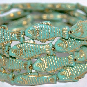 Glass Fish beads, 1 inch Czech glass beads, beach jewelry making, mint green with gold Wash, double sided, 25mm - pick qty