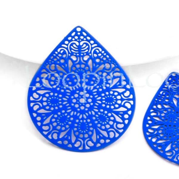 10%OFF Filigree Earring charms, Bright Blue Connector, Large Laser Cut Teardrop, oval Metal Pendant, made in Europe, feather light -pick qty