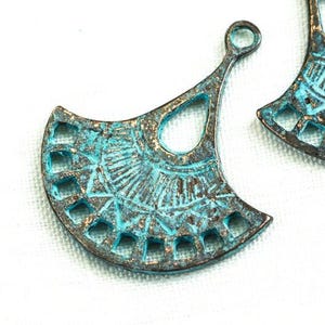 Mykonos Beads, Fan drop Connectors, Double Sided, Earring Link, Boho pendant, Green Patina, for jewelry making, 26X30mm, 2 or 6 pieces