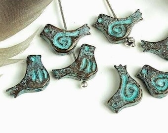 Copper Green Patina Birdie beads, 5/8 inch, Mykonos bird charm, 13mm, Made in Greece, (2, 4 or 10 pcs)
