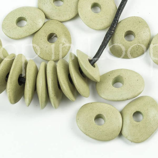 25%OFF, 16mm Mykonos ceramic Cornflake Beads, Tea Green Sage, large hole Greek washer spacer Chip Disk Disc, jewelry making, 18mm, -10pc