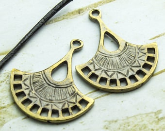 10%OFF, Mykonos Earring Fan Connector, Bronze Boho Teardrop, Lotus Blossom Pendant, Double Sided, Connector Link Charm, Greek Casting, 2pcs