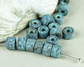 25%OFF, Mykonos beads, Green Patina Ceramic, 6X4mm mini tube, Copper verdigris, Greek Beads, large hole beads, Jewelry making, pick qty