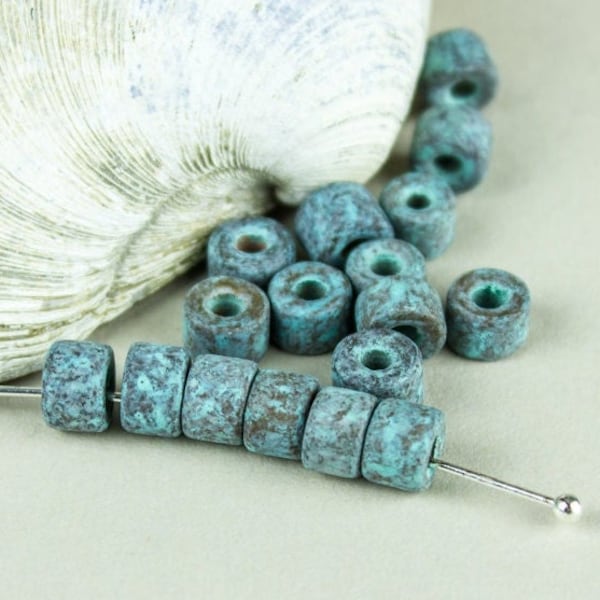 25%OFF, Mykonos beads, Green Patina Ceramic, 6X4mm mini tube, Copper verdigris, Greek Beads, large hole beads, Jewelry making, pick qty