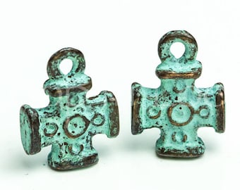 10%OFF 2 Rustic Cross charm, small Cross pendant Charms, Greek Mykonos beads green patina bohemian Casting 12mm Metal copper findings
