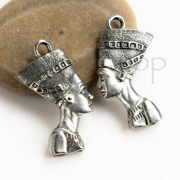 10%OFF Nefertiti Charm Antique Silver Boho pendant Egyptian Goddess Queen charms Double Sided lead free Pewter Made USA 24x16mm - Pick qty