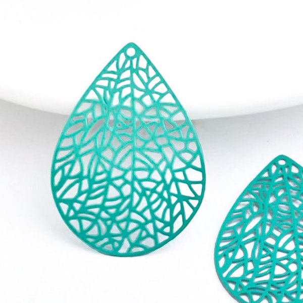 Colgante de hoja en forma de lágrima de filigrana, grande, cortado con láser, conector azul menta, colgante fino y ligero para pendientes, colgante de metal, 30 x 41 mm, 2/6 unidades