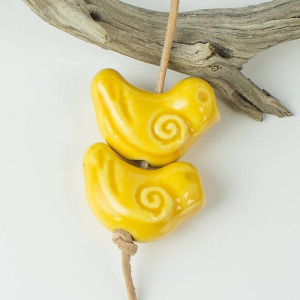 Large Yellow bird bead, 1 inch Ceramic birdie, Focal handmade big Hole Glazed Greek Beads, woodland Pendant, blueroompottery beads