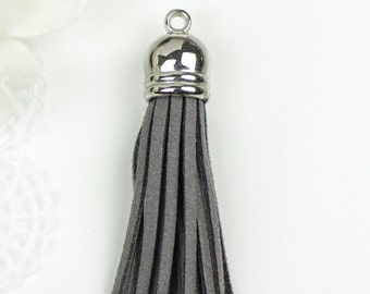 Grey Ultra Suede Tassel, long pendant, gray with CCB rhodium cap, Leather Tassels Pendants, mala fringe tassels ,58mm TH106 -1pc