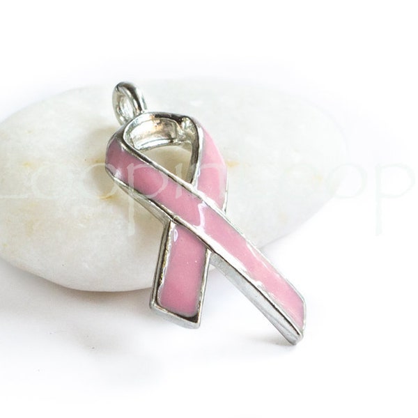 10%OFF Breast Cancer Ribbon charm, Pink Awareness Pendant Bracelet Charms handmade enamel jewelry making Silver plated high quality USA Made