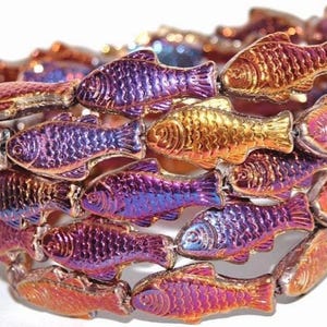 Czech Glass Fish beads, 1 inch, metallic iris rainbow iridescent mix, double sided, 25mm, pick qty