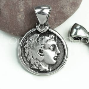 Alexander The Great Pendant, Antique Silver, Ancient Round Greek Coin replica charm, double sided charm, jewelry making diy, 28X20mm