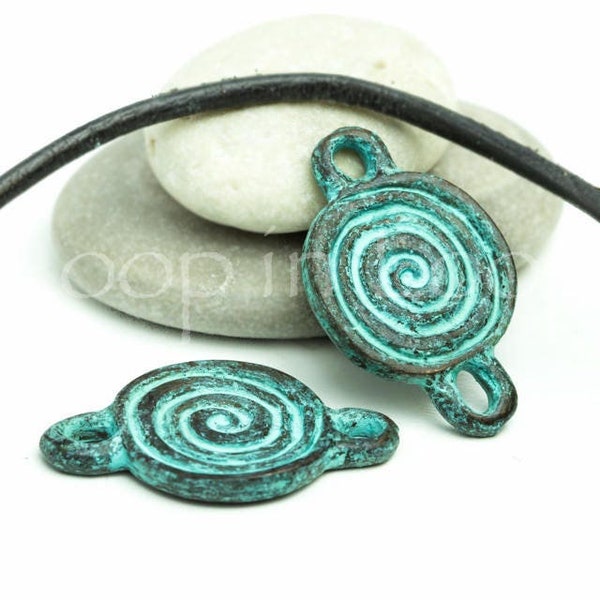 10%OFF Round Spiral connector, Geometric Mykonos Casting, Green Patina on copper, Earring connectors, two Loop Boho charms Links (2pcs)
