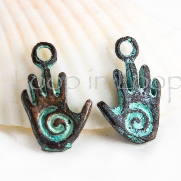 10%OFF Mykonos spiral hand charms, tiny Healing hands, Green patina Copper Hamsa Hand of Fatima Yoga jewelry Greek charms, 13X8mm - pick qty