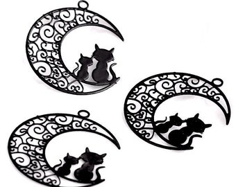 Cat Filigree charm, Kitties on the moon, Laser Cut, Black or Gold, bohemian Connector, thin light Earring Charms