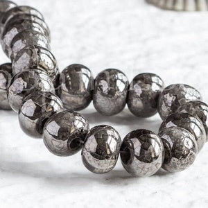 10%OFF, 14mm round Ceramic beads, Black grey, Hematite, Crackle Glazed Ball, Greek Raku mosaic, boho, Organic, Smokey Gray rounds, 2pcs