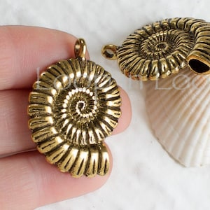 Large Fossil Shell Pendant, Antique Gold Spiral Nautilus, Bohemian Greek Pendants, 38mm marine nautical beach jewelry making