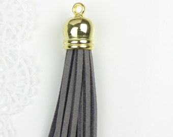 Grey Ultra Suede Tassel long pendant, Gray with Gold CCB cap, Leather mala Tassels Pendants, modern fringe tassels 58mm, TH100 (1pc)