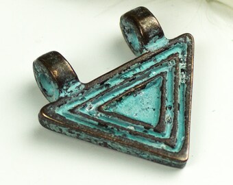 25%OFF 2 Mykonos Triangle Pendant Doodad Beads Green Patina Geometric Verdigris Greek Casting Metal boho rustic pendant 24x22mm 2pcs