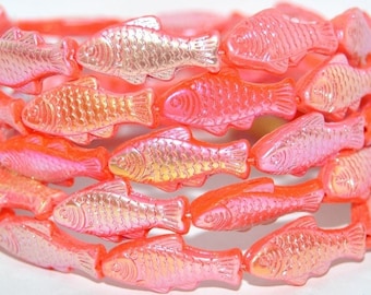 Glass Fish beads, 1 inch Czech glass beads, metallic pink iridescent Mix, beach jewelry making, double sided, 25mm, pick qty
