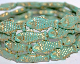 Glass Fish beads, 1 inch Czech glass beads, beach jewelry making, mint green with gold Wash, double sided, 25mm, pick qty