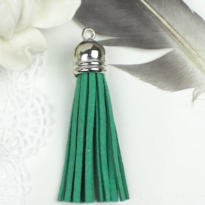 Ultra Suede Tassel long pendant Mint Green Silver rhodium plated CCB cap, Leather Tassels Pendants, fringe tassels 58mm long (1pc)