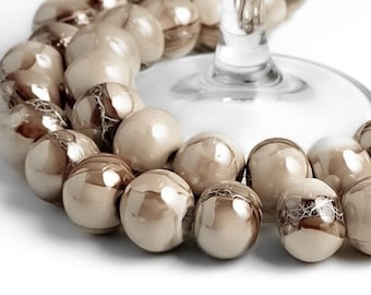 Cuentas redondas de cerámica de 14 mm, color champán, beige, blanco y marrón, bolas esmaltadas, redondas de arcilla de porcelana, fabricación de joyas, fabricadas en la UE, 2 piezas