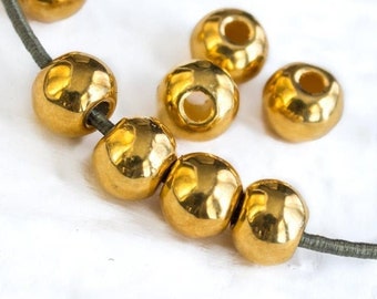 10mm Mykonos Ceramic Beads, Round with Large Hole, 24 Karat Gold Metalized, (3 or 6 pcs)