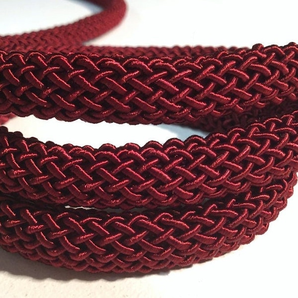 Dark Red Maroon organic silk cord, 10mm thick, soft chunky Mesh Pattern woven rope, necklace braided tube, w/ polyester core -by the foot