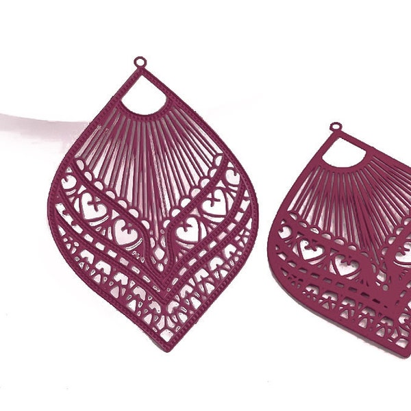 10%OFF Purple wine Filigree charm, Ethnic Boho Pendants Big Oval drop Laser Cut heart bohemian Earring Connector thin light 39x59mm, 2pcs