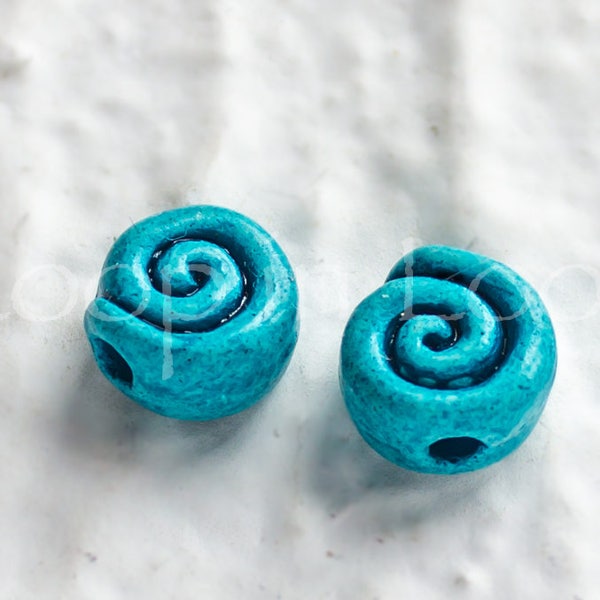 Ceramic Spiral Bead Carved swirl shell Symbol clay Beads Turquoise blue 12mm Spring Diy Supplies, Handmade in USA, (2pcs)