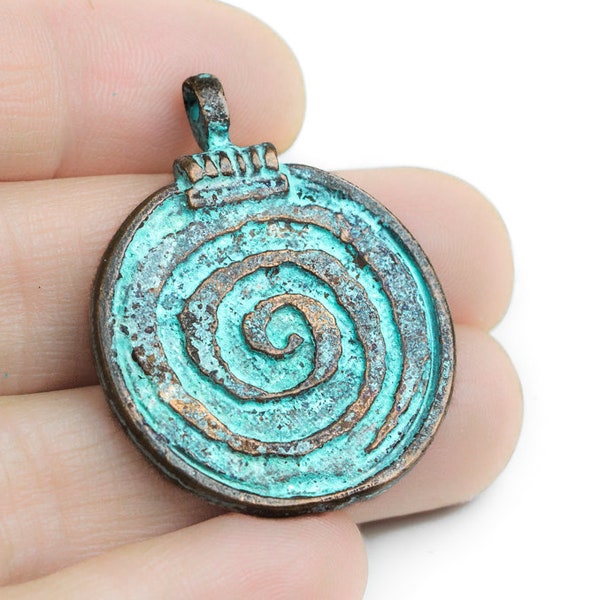 10%OFF Round Spiral Pendant Large 30mm Geometric Mykonos Greek metal Casting ancient symbol charm Green Patina on copper 1pc