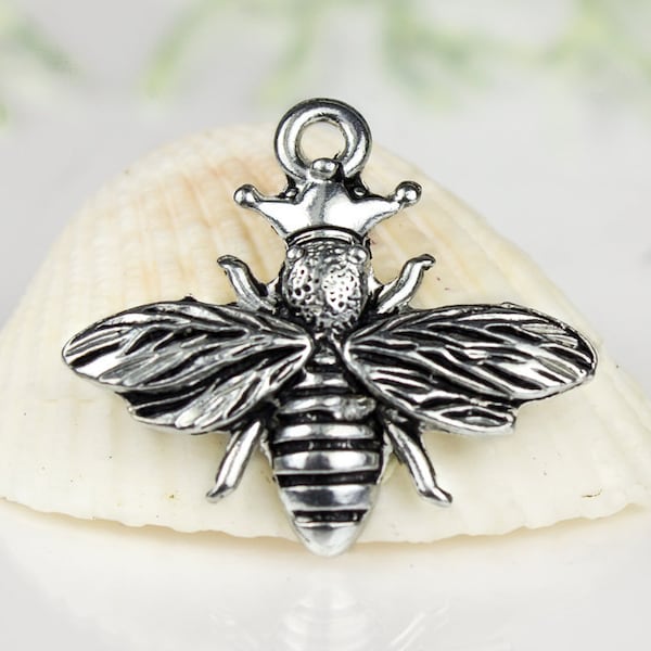 10%OFF, Queen Bee With Crown Charms, Boho Bee pendant, woodland bee charm, Spring bugs, Antique Silver lead free Pewter, Made in USA 21x25mm