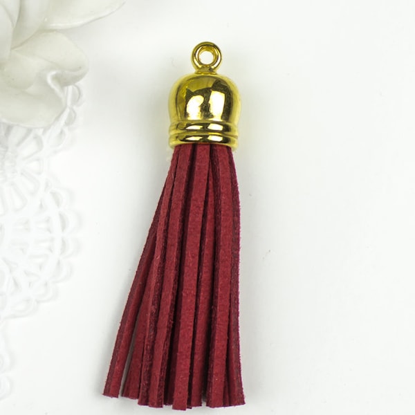 15%OFF Dark Red Ultra Suede Tassel, pendant with Gold CCB cap, Burgundy Leather Tassels Pendants, fringe tassels, 58mm long, TH98 (1pc)