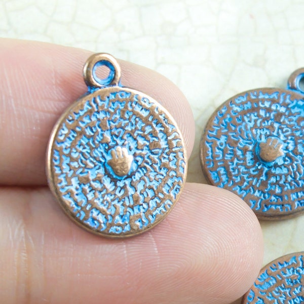 10%OFF Hamsa Disc Pendant Rose Gold Blue Patina Verdigris Double Sided Hand of Fatima Charm European High Quality Casting 15mm TH284 2pcs