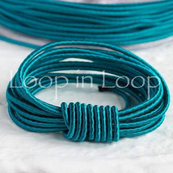 Peacock green blue SILK cord 1.5 mm thick organic natural hand spun Wrapped Satin Cord polyester core Jewelry Supplies (3 feet)