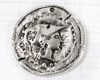 Goddess Athena Silver Coin Pendant, Ancient Greek Replica, Large Bohemian Charm, made in Greece, (35mm)