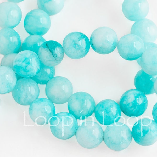 10%OFF, 8mm Aqua dyed Jade beads, for jewelry making, light blue white Natural semi precious bohemian gemstone, round smooth Mala -pick qty