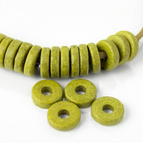 8mm Ceramic Washer Beads, Green Apple, Flat Round Spacers, Mykonos Greek Disc, (20-50pcs)