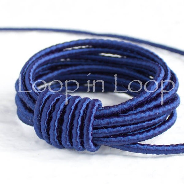 Navy Blue SILK cord, Wrapped Silk Satin Cord rope 3.5 mm thick, organic natural hand spun silk, polyester core, for Jewelry making