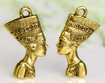 Nofretete Charm, ägyptische Königin Anhänger, Göttin Charme, antikes Gold, doppelseitig, bleifreies Zinn Made in den USA, 24 x 16 mm, Menge auswählen